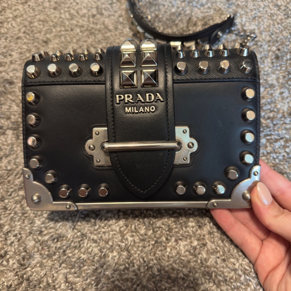 Prada Saffiano-Trimmed City Calf Studded Cahier Bag